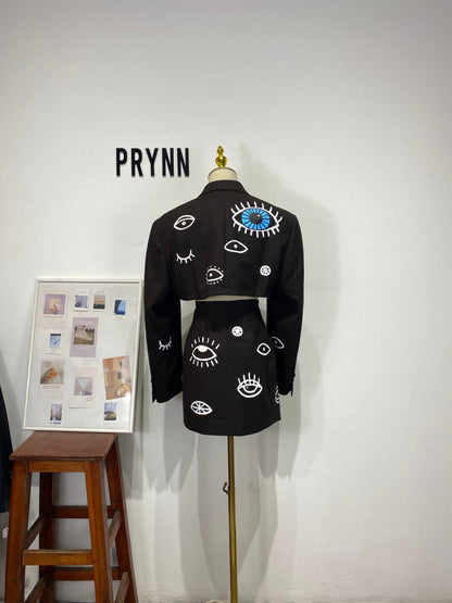 Reworked long sleeve blazer set, cropped blazer set skirt. Hand painted (washable)