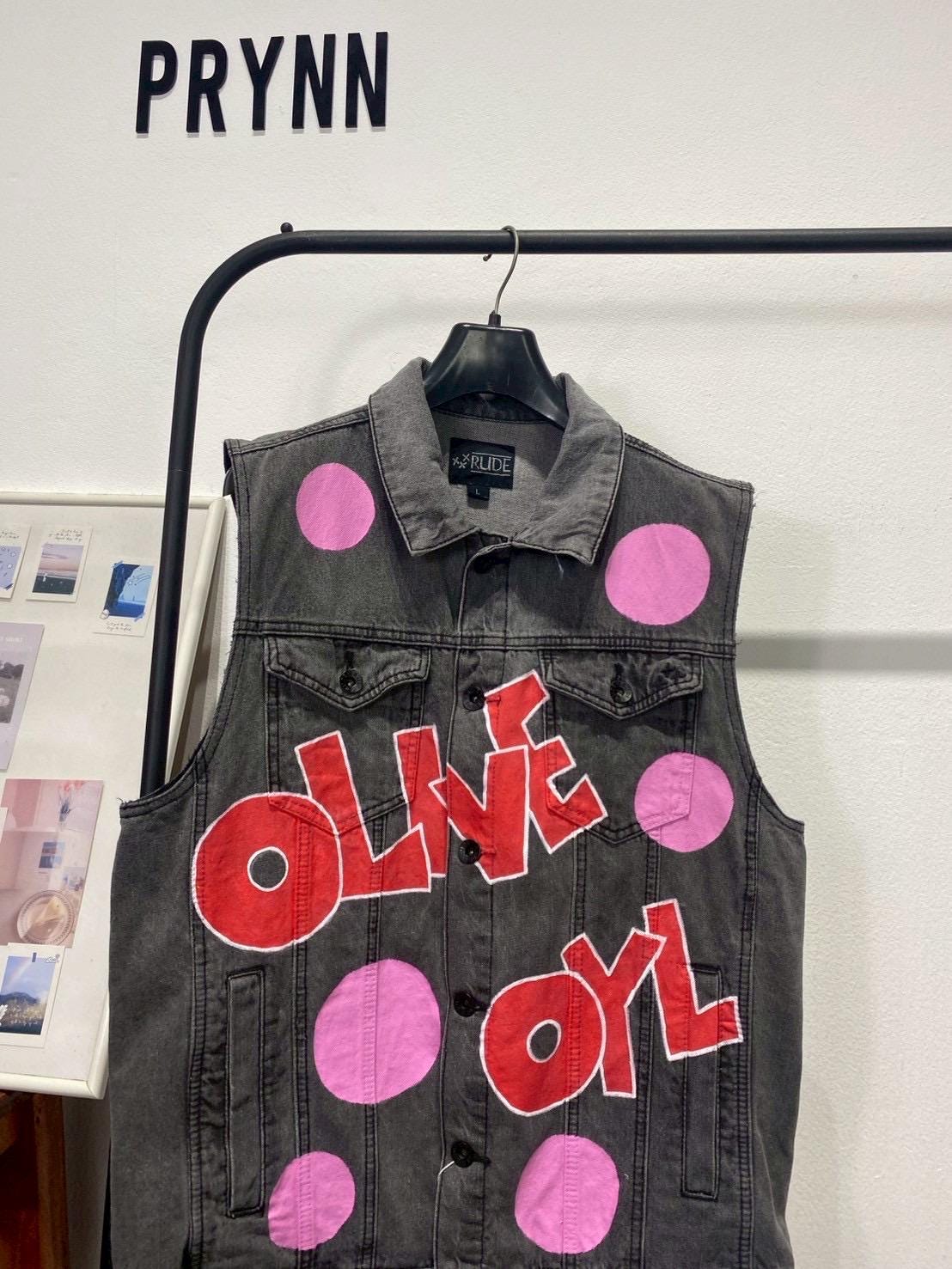 Reworked Jeans Hand Painted : Olive