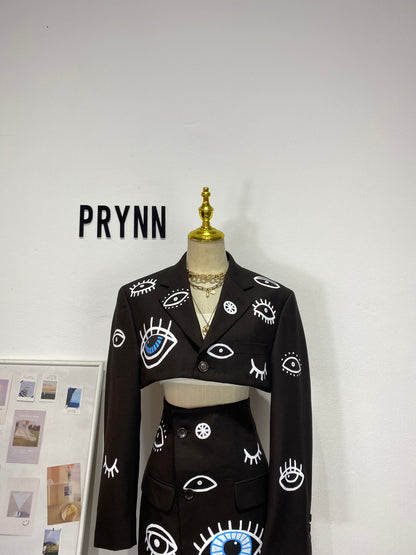 Reworked long sleeve blazer set, cropped blazer set skirt. Hand painted (washable)