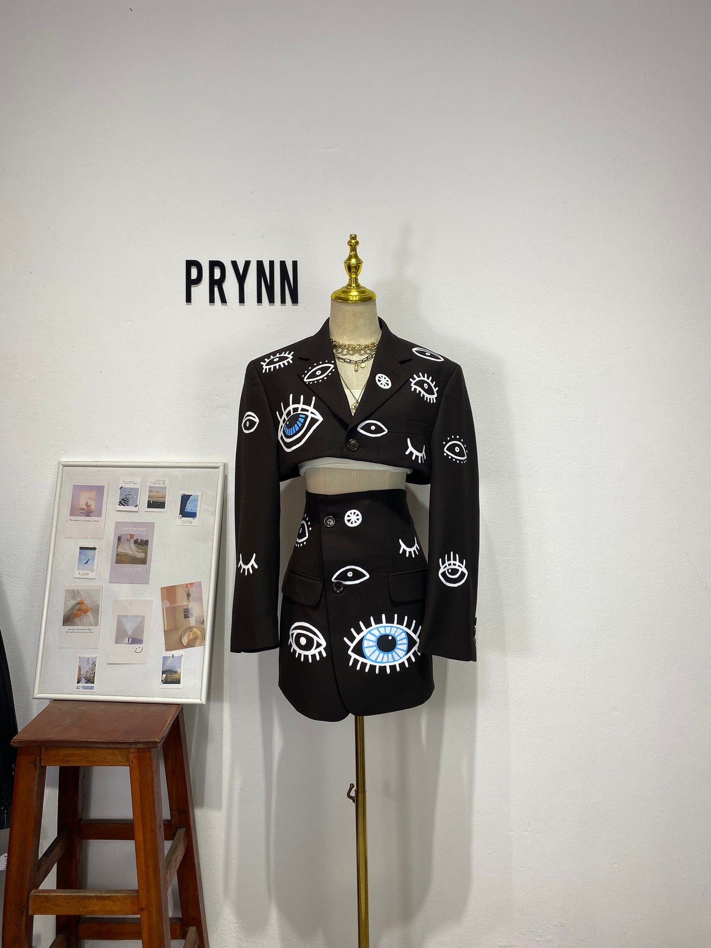 Reworked long sleeve blazer set, cropped blazer set skirt. Hand painted (washable)