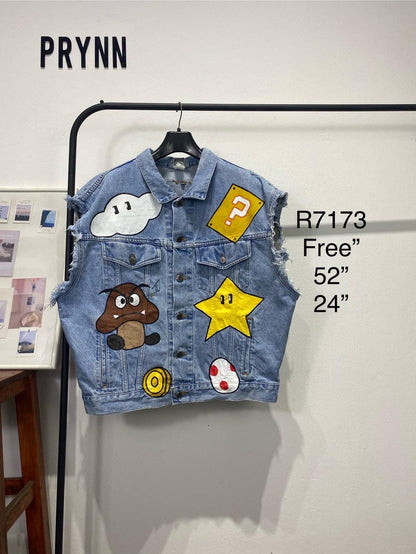 Reworked Jeans (Vest) Hand Painted : Angry Mushroom