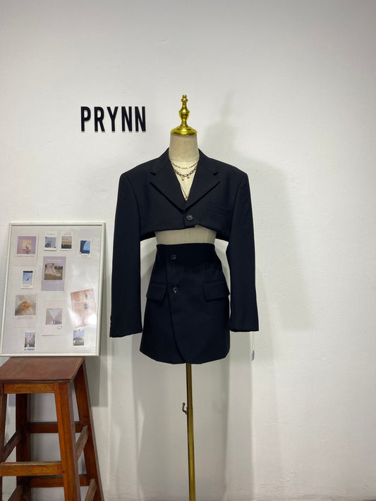 Reworked long sleeve blazer set, cropped blazer set skirt.