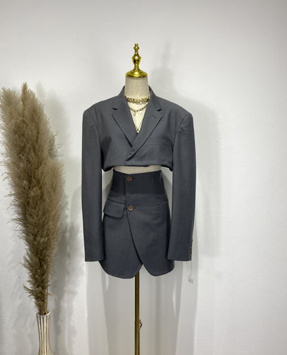 Reworked long sleeve blazer set, cropped blazer set skirt.