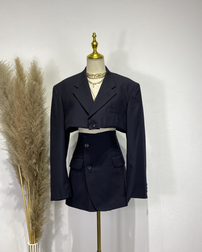 Reworked long sleeve blazer set, cropped blazer set skirt.