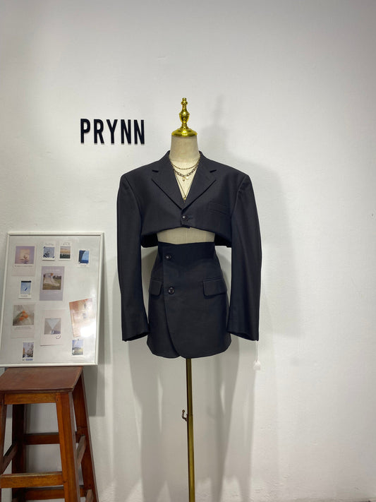 Reworked long sleeve blazer set, cropped blazer set skirt.