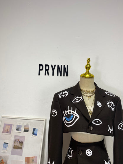 Reworked long sleeve blazer set, cropped blazer set skirt. Hand painted (washable)